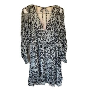 Womens Sz Medium Dress Open Shoulders Cheetah Print Longsleeve Chiffon Tie Back
